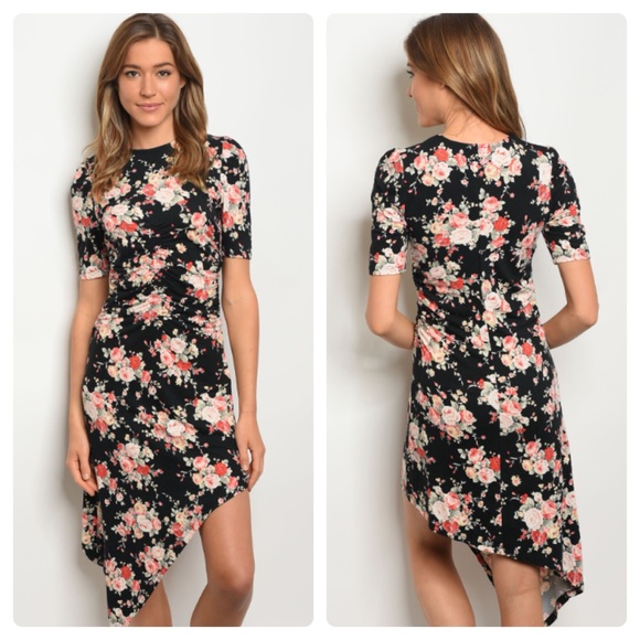 Floral print asymmetric bodycon dress - Picture 1 of 3